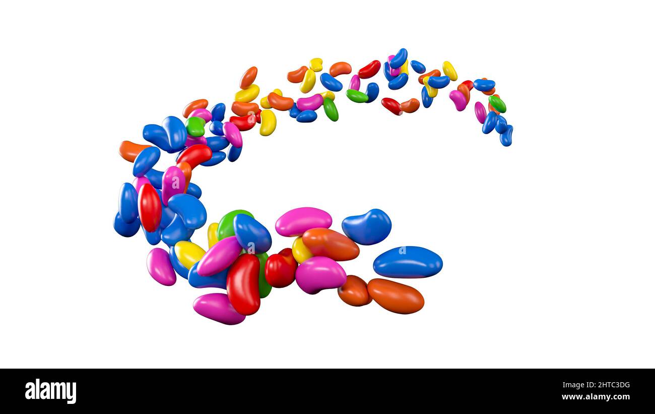 Rainbow coated Jelly Beans flowing coming in the air 3d illustration