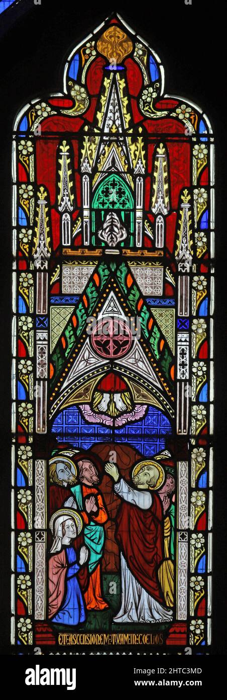 Stained glass window by Frederick Preedy depicting The Descent of the Holy Ghost. St Lawrence Church, Stretton Grandison, Herefordshire Stock Photo