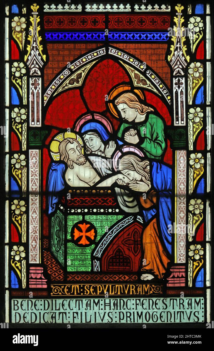 Stained glass window by Frederick Preedy depicting The Entombment of Christ. St Lawrence Church, Stretton Grandison, Herefordshire Stock Photo