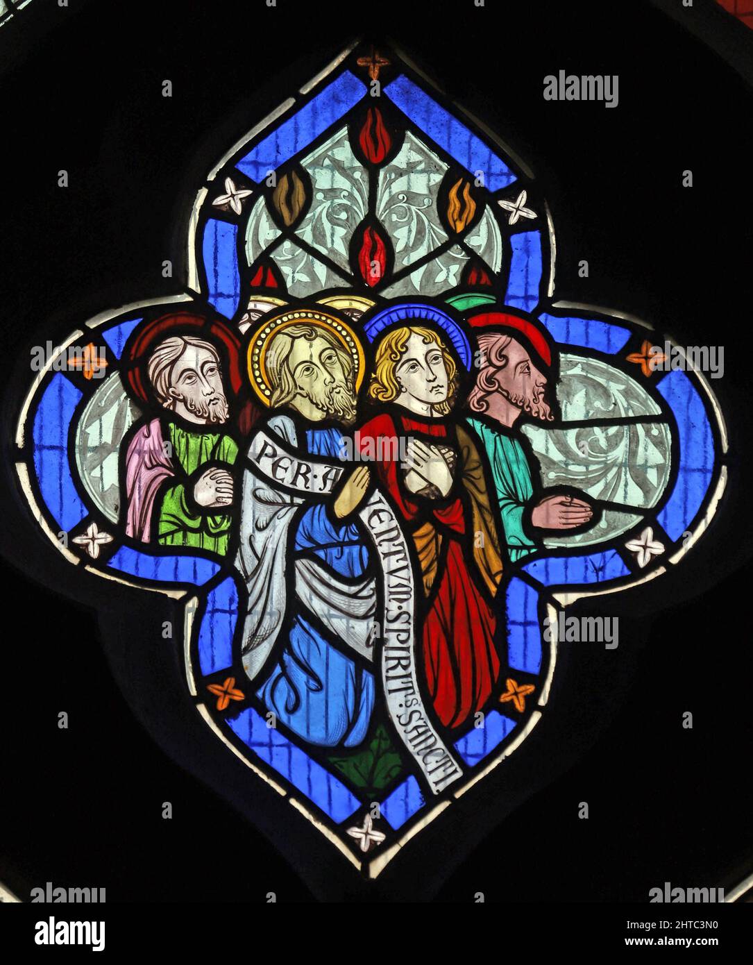 Stained glass window by Frederick Preedy depicting The Disciples at Pentacost. St Lawrence Church, Stretton Grandison, Herefordshire Stock Photo