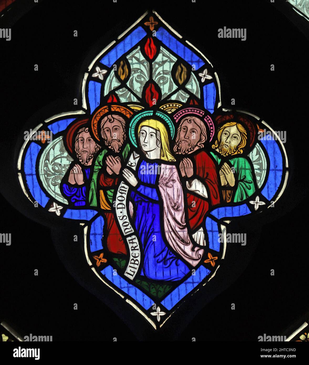 Stained glass window by Frederick Preedy depicting The Disciples and Mary at the Pentacost. St Lawrence Church, Stretton Grandison, Herefordshire Stock Photo