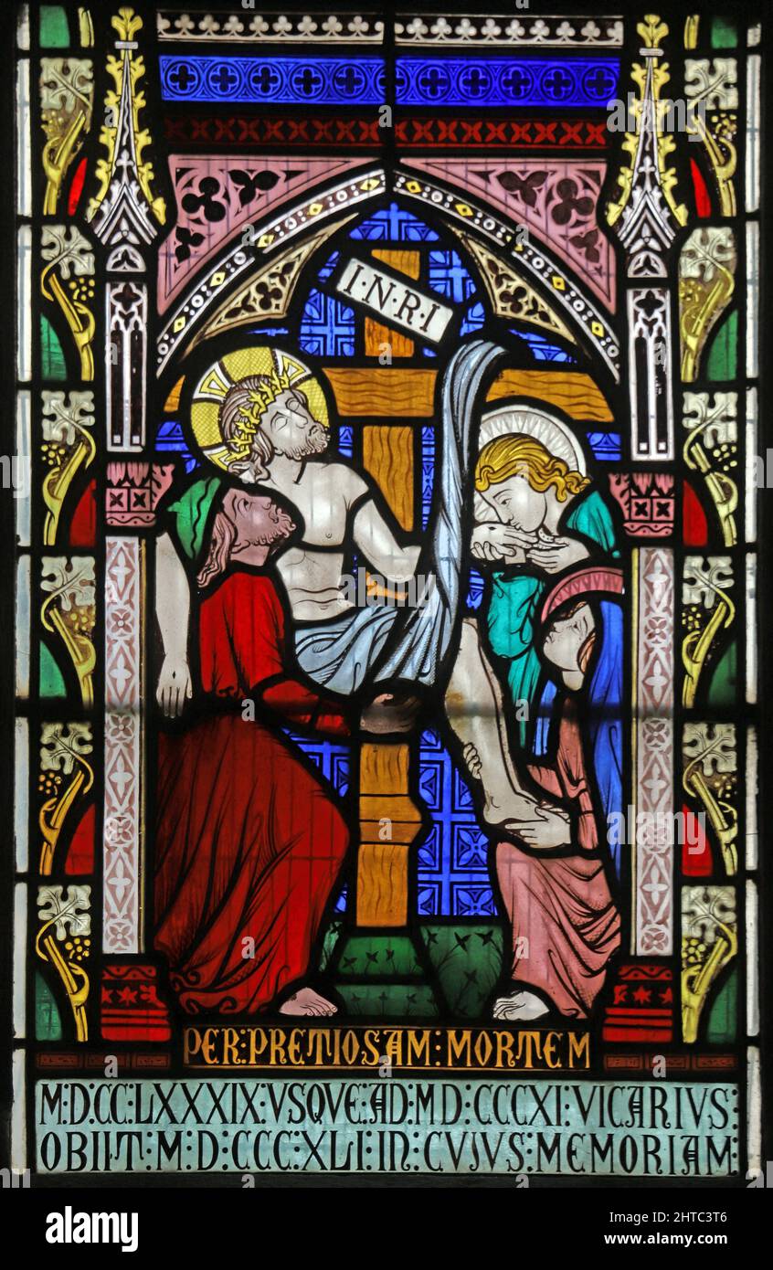 Stained glass window by Frederick Preedy depicting The Deposition of Christ, St Lawrence Church, Stretton Grandison, Herefordshire Stock Photo