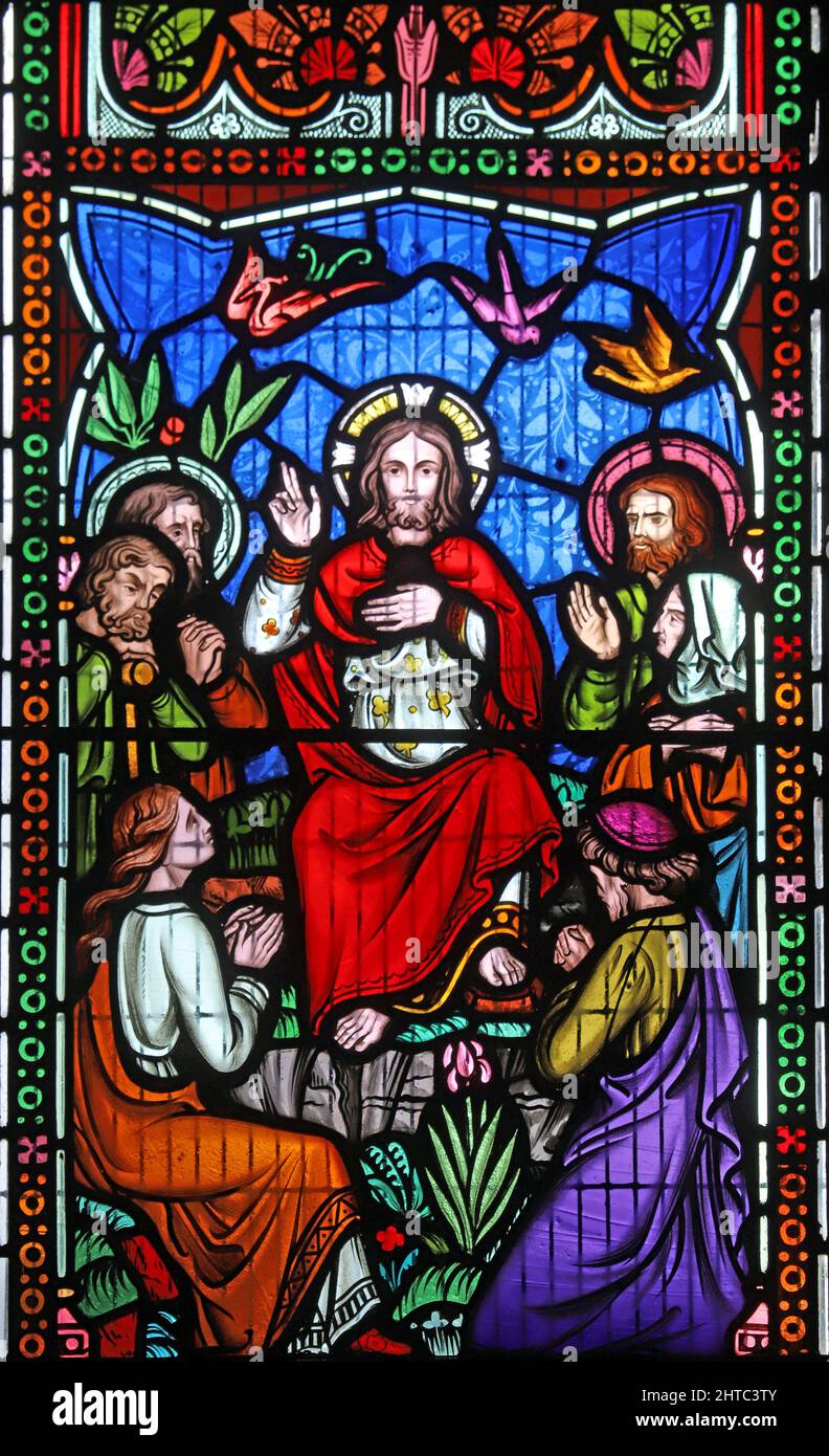 Stained glass window by Frederick Preedy depicting The Sermon on the Mount. St Lawrence Church, Stretton Grandison, Herefordshire Stock Photo