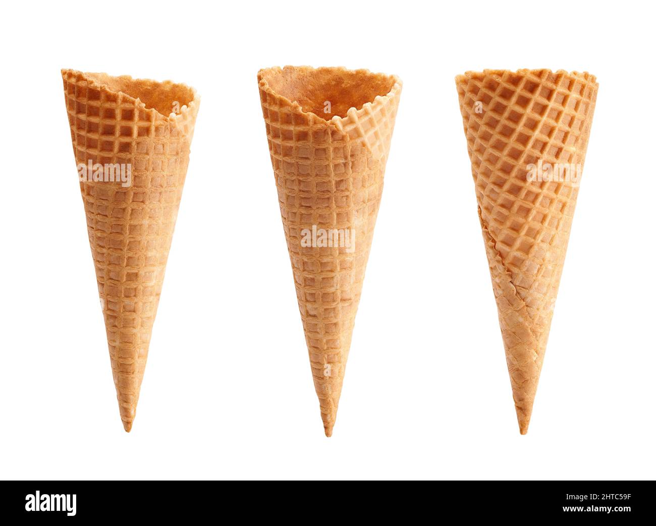 different angle of empty waffle ice cream cone isolated on white background Stock Photo