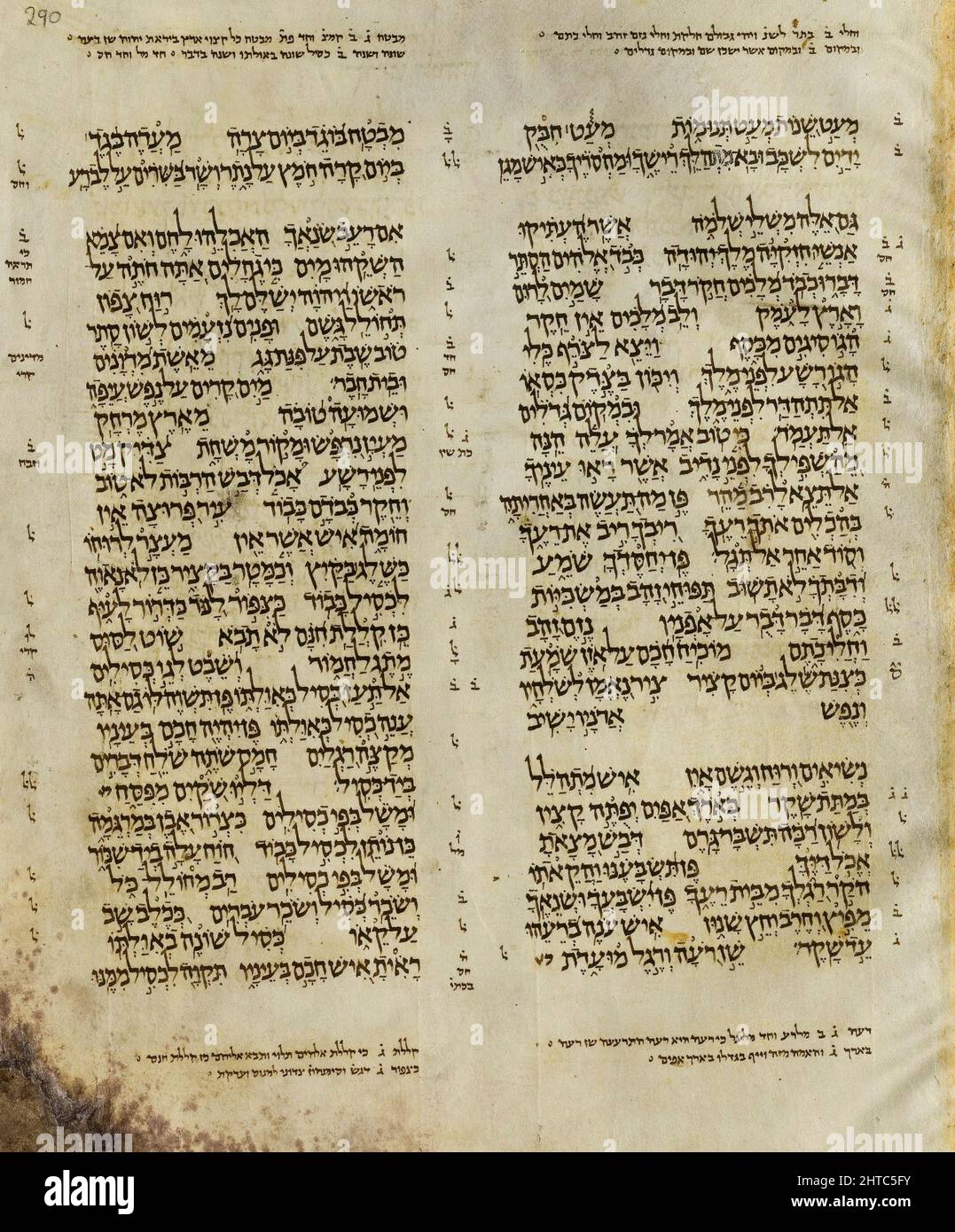 A Page from the Aleppo Codex. The Aleppo Codex (Crown of Aleppo) is a medieval bound manuscript of the Hebrew Bible. The codex was written in the city of Tiberias in the 10th century CE (circa 920) under the rule of the Abbasid Caliphate, and was endorsed for its accuracy by Maimonides. Together with the Leningrad Codex, it contains the Ben-Asher masoretic tradition. The codex was kept for five centuries in the Central Synagogue of Aleppo, until the synagogue was torched during anti-Jewish riots in 1947. The fate of the codex during the subsequent decade is unclear: when it resurfaced in Israe Stock Photo