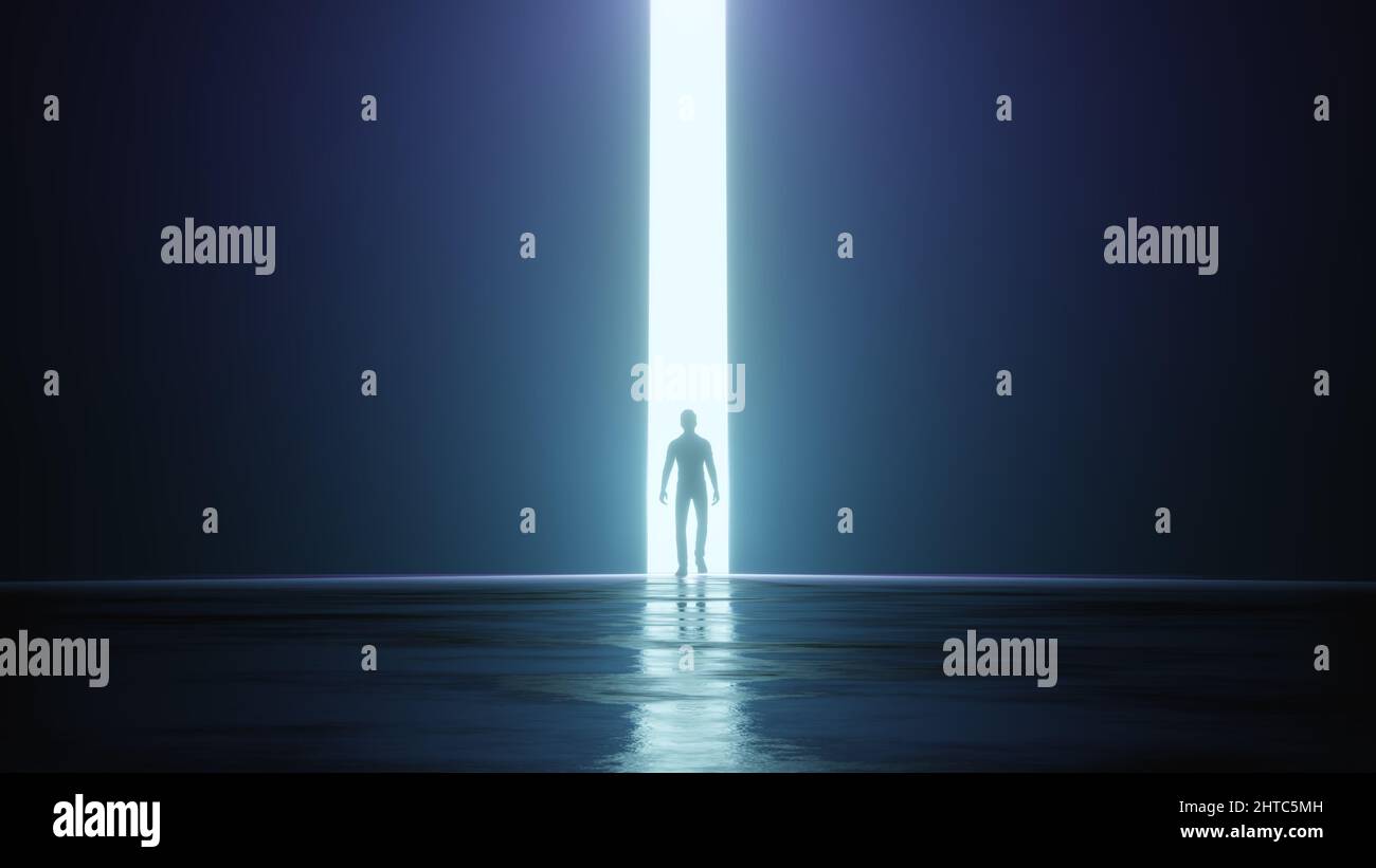 3D illustration of a silhouette of a man walking towards the bright ...