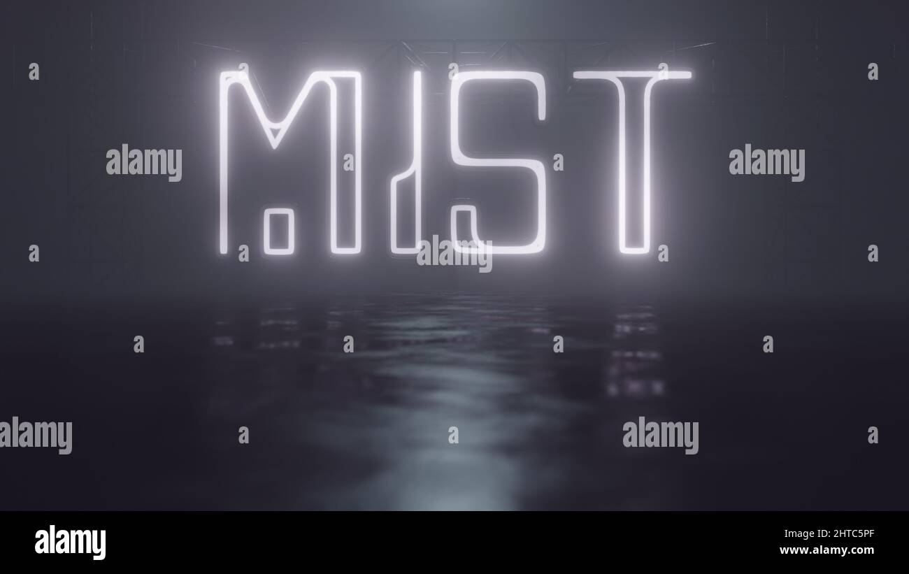 3D illustration of a glowing Mist word with white neon lights Stock