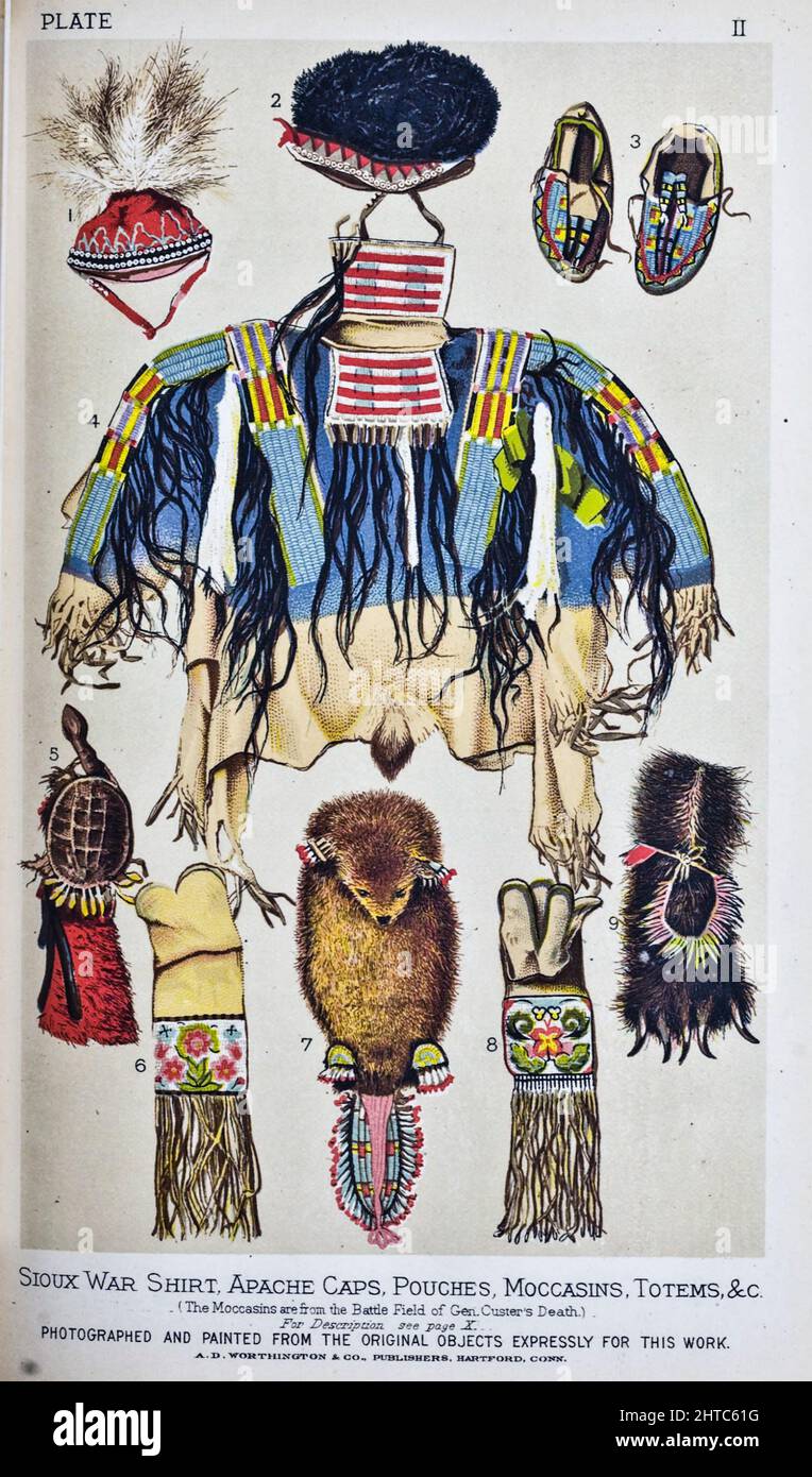 Sioux War Shirt, Apache Caps, Pouches, Moccasins, Totems,From the Book ' Our wild Indians; thirty-three years' personal experience among the red men of the great West ' by Richard Irving Dodge, Richard Irving Dodge (May 19, 1827 – June 16, 1895) was a colonel in the United States Army. Dodge was born in North Carolina[1] and died after a long and successful career in the U.S. Army. He began as a cadet in 1844 and retired as a Colonel May 19, 1891. Published  A. D. Worthington and Company, 1883, Hartford, Conn. Stock Photo