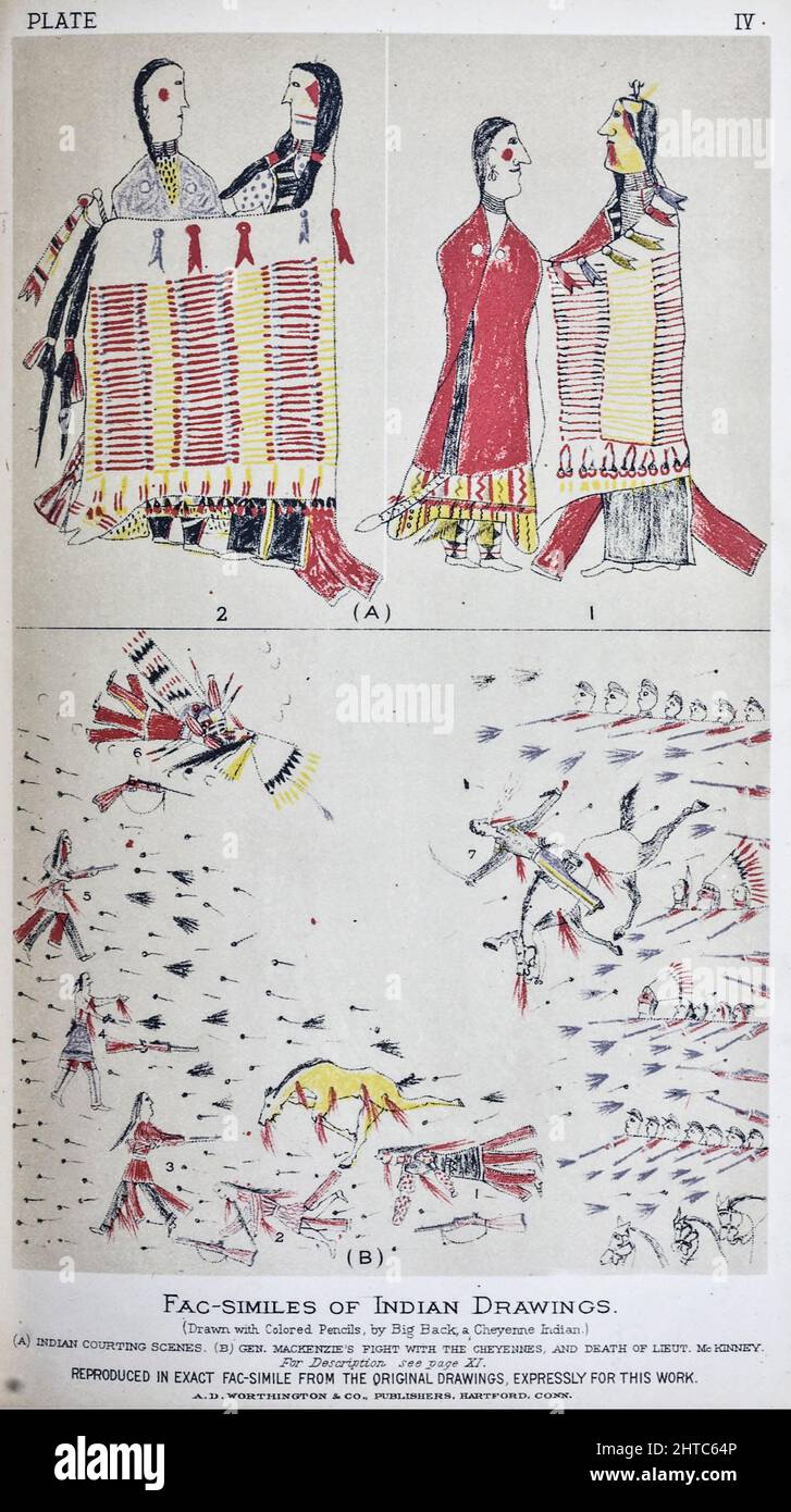 Facsimile Indian Drawings. Drawn, with Colored Pencils, by Big Back; a Cheyenne Indian. Indian Courting Scene (Top). GEN. MACKENZIE'S FIGHT WITH THE CHEYENNES, AND DEATH OF LIEUT. McKinney Only prominent chiefs who were killed at this fight are represented on the Indian side, and the fatal wound of each is indicated by blood flowing from it, or in some cases from the mouth. The names of the chiefs thus shown in this picture are: (1) High Bull; (2) Walking Calf ; (3) Whirlwind; (4) White Face Bull ; (5) Bull Hump; (6) Old Bull. Short lines with a dot at one end repre¬ sent flying bullets. The b Stock Photo