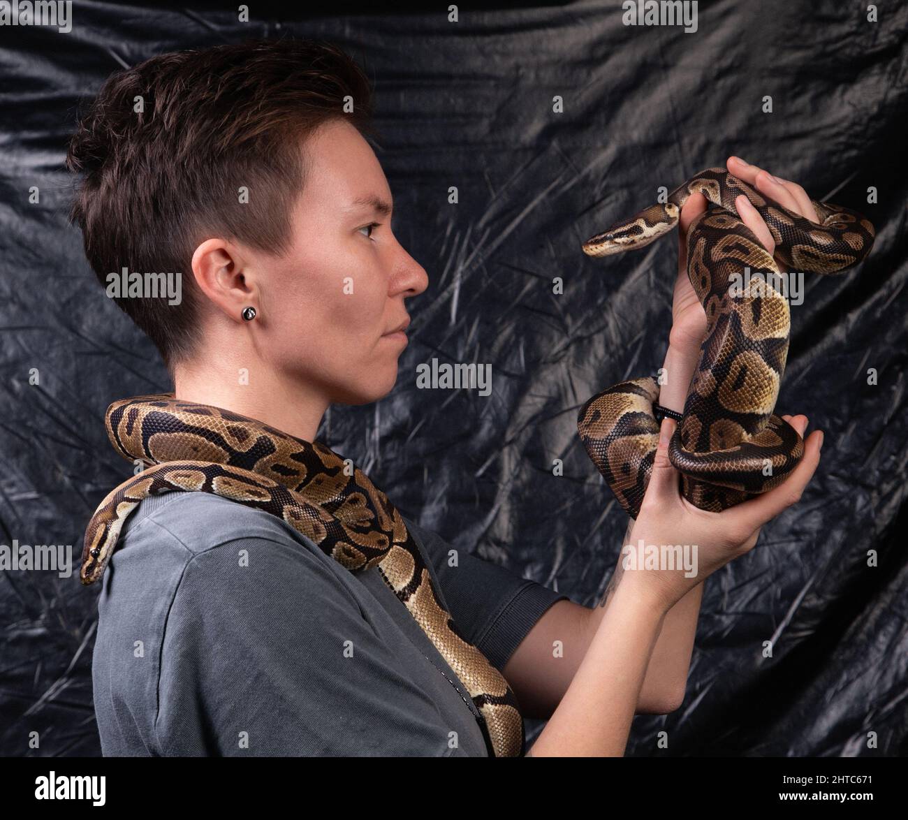 Photo of woman looking into snakes eyes Stock Photo
