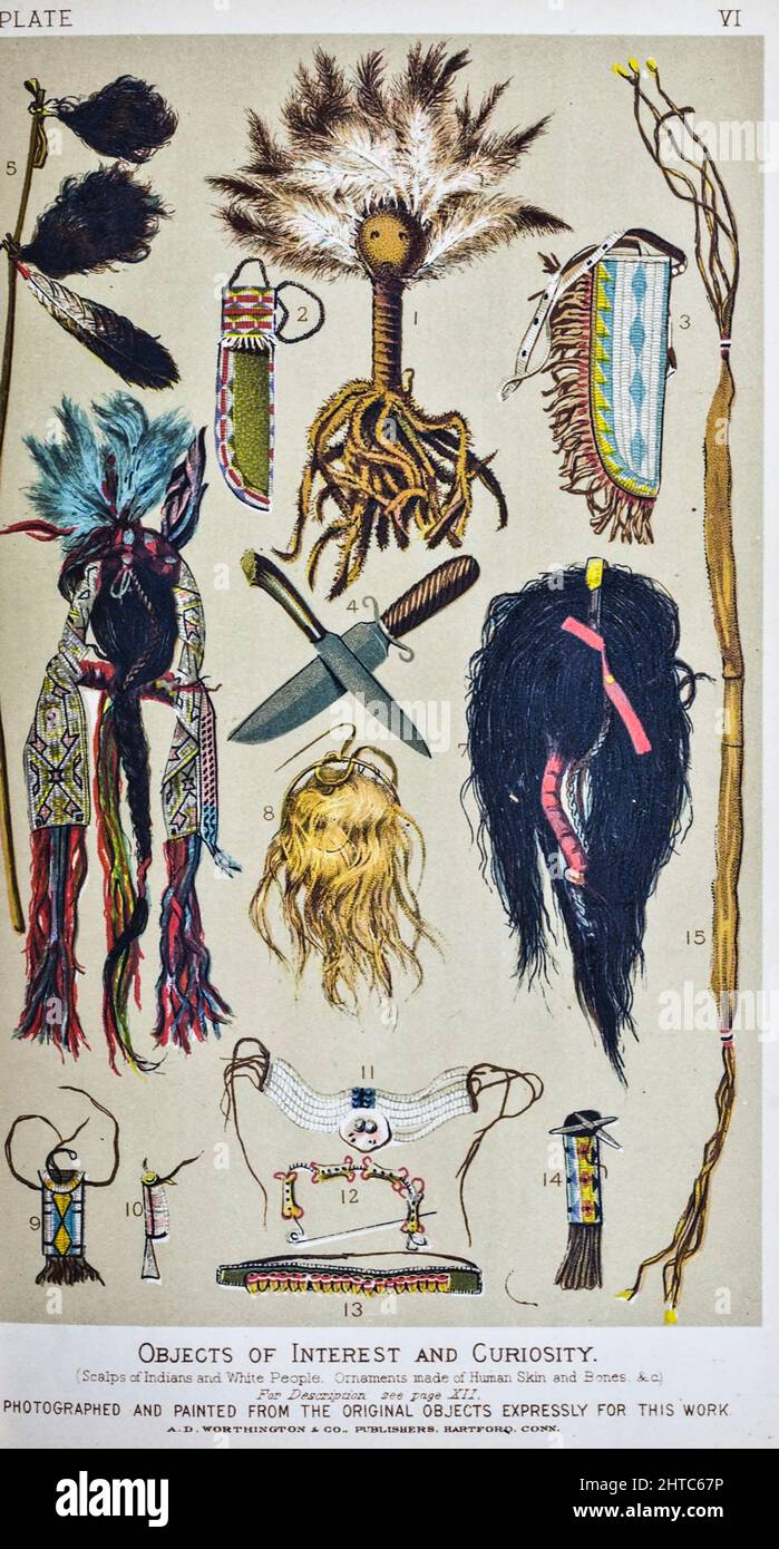 Objects of Interest and Curiosity: Scalps of Indians and White People. Ornaments made of Human Skin and Bones, &c. 1. Kiowa Medicine Rattle. 2. Sheath of Scalping Knife (Sioux). 3. Sheath of Scalping Knife (Cheyenne). 4. Scalping Knives. 5. Scalps of Two White Men, arranged on a Wand fob the Scalp Dance. 6. Scalp of a Sioux Indian. Elaborately ornamented with feathers and beads. 7. Scalp of a Sioux Indian, taken entire. 8. Scalp of a Little White Girl. This scalp was taken from the Comanches. The little girl was about nine years old. 9. Ute Match Safe, Beaded. 10. Ute Needle Case, Beaded. 11. Stock Photo