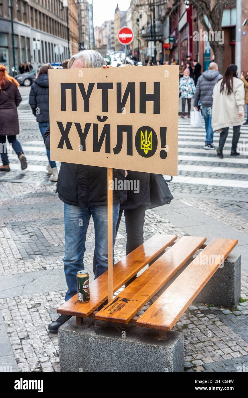 PRAGUE, CZECH REPUBLIC - FEBRUARY 27, 2022: Poster at a protest against Russian invasion of Ukraine in Prague, Czech Republic. Says: Putin ****. Stock Photo