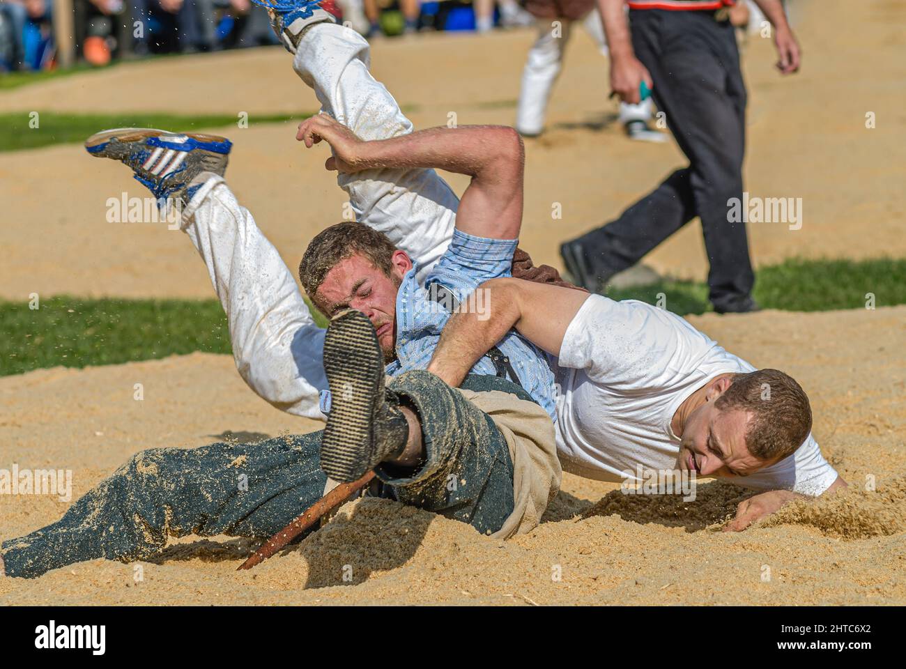 Close-up of a intense fight of Swiss wrestlers at the NOS 2012 in Silvaplana, Switzerland Stock Photo