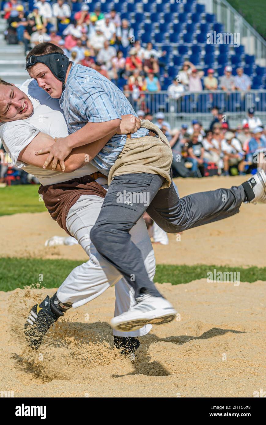 Close-up of a intense fight of Swiss wrestlers at the NOS 2012 in Silvaplana, Switzerland Stock Photo