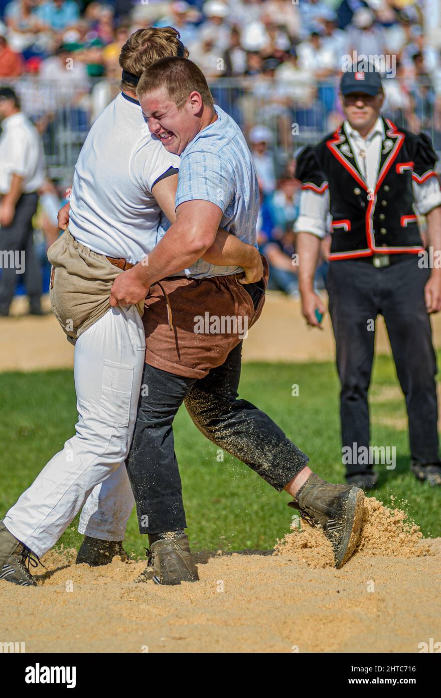 Close-up of a fight of Swiss wrestlers at the NOS 2012 in Silvaplana, Switzerland Stock Photo