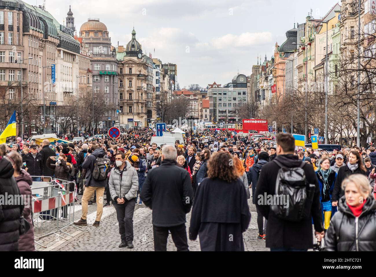 PRAGUE, CZECH REPUBLIC - FEBRUARY 27, 2022: Protest against Russian invasion of Ukraine in Prague, Czech Republic. Stock Photo