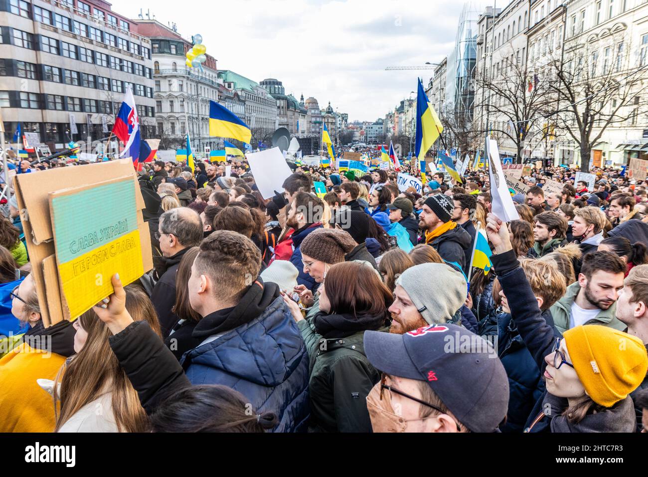 PRAGUE, CZECH REPUBLIC - FEBRUARY 27, 2022: Protest against Russian invasion of Ukraine on the Wenceslas Square in Prague, Czech Republic. Stock Photo