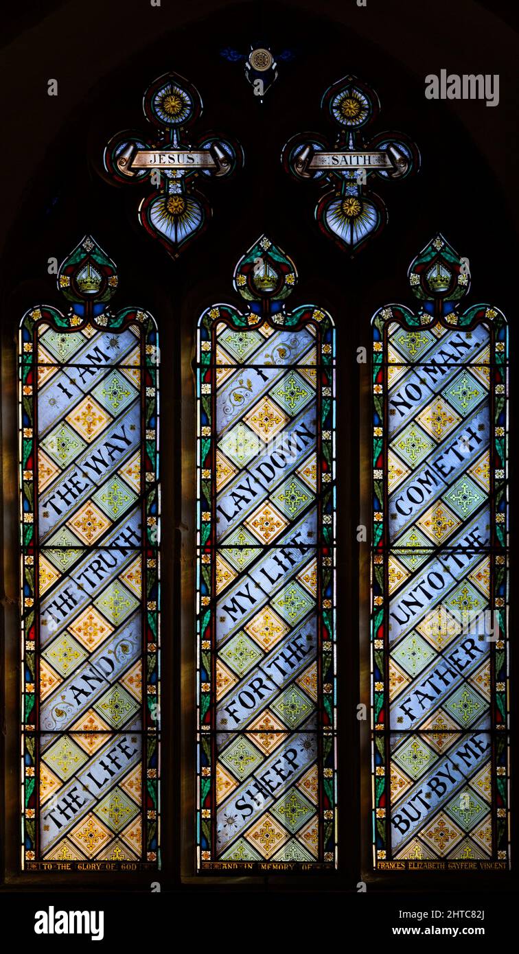 Victorian stained glass window in church, Frostenden, Suffolk, England, UK Stock Photo