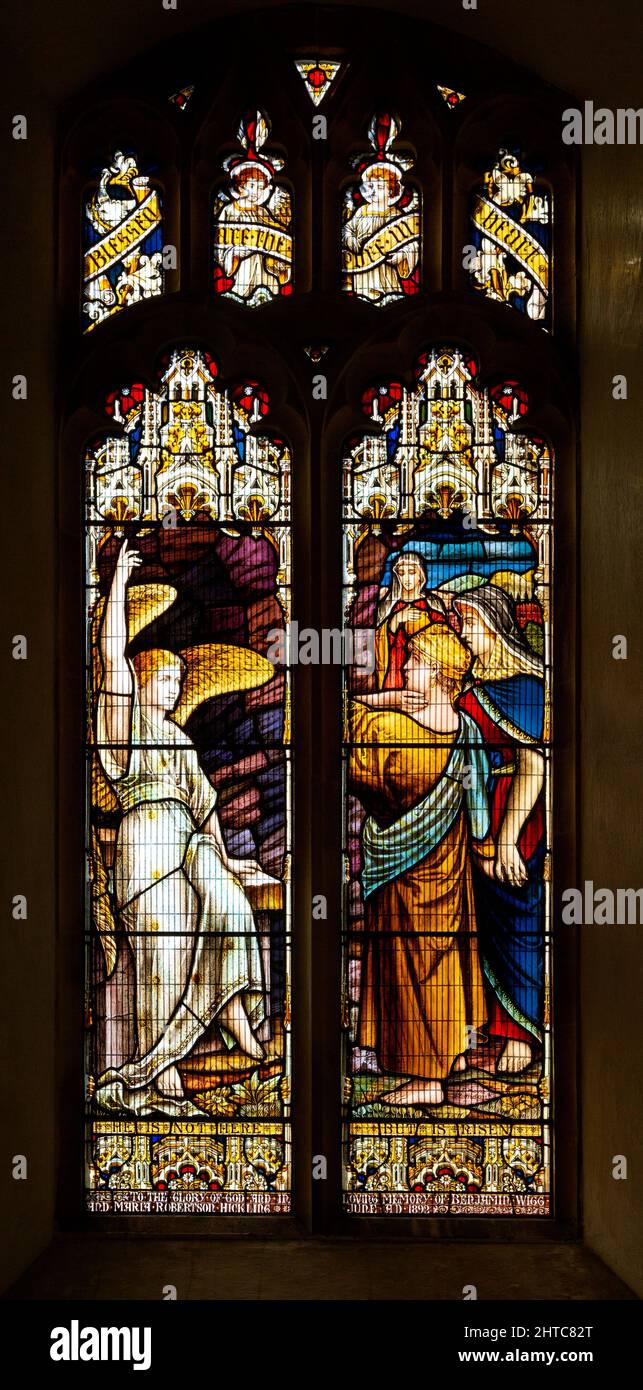 Victorian stained glass window in church, Frostenden, Suffolk, England, UK by Arthur L Moore c 1892 'He is Risen' Stock Photo