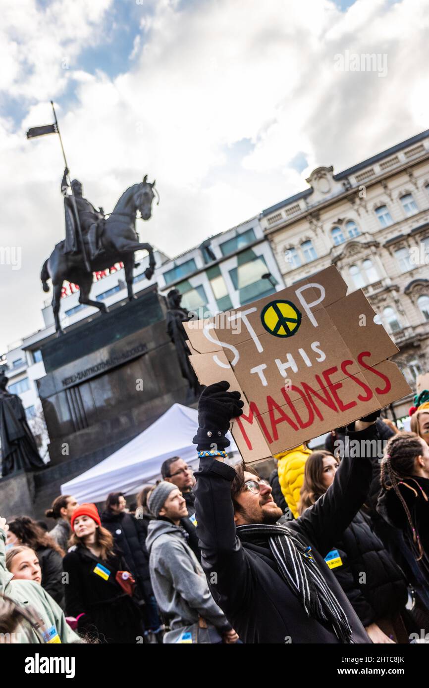 PRAGUE, CZECH REPUBLIC - FEBRUARY 27, 2022: Protest against Russian invasion of Ukraine on the Wenceslas Square in Prague, Czech Republic. Stock Photo