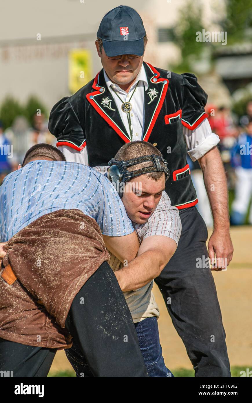Swiss wrestlers fighting at the NOS 2012 in Silvaplana, Switzerland Stock Photo