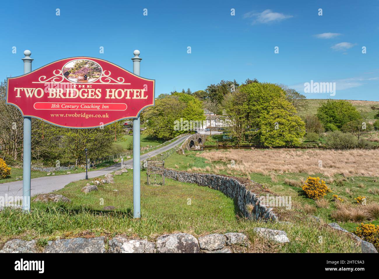 Sign of the Two Bridges Hotel in Dartmoor National Park in Devon, England Stock Photo