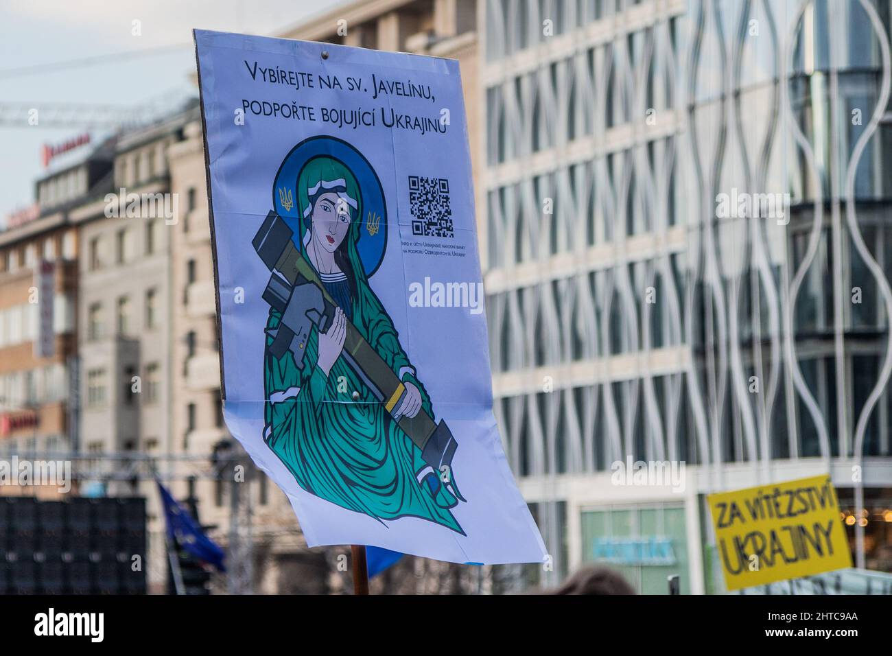 PRAGUE, CZECH REPUBLIC - FEBRUARY 27, 2022: Poster at the protest against Russian invasion of Ukraine on the Wenceslas Square in Prague, Czech Republi Stock Photo