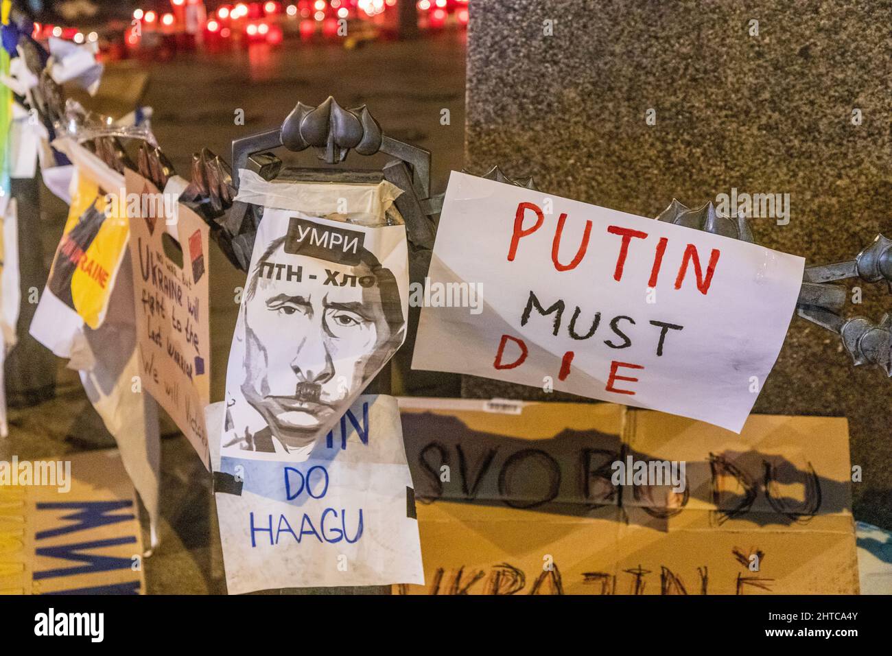 PRAGUE, CZECH REPUBLIC - FEBRUARY 27, 2022: Candles lit on the Wenceslas Square in Prague as a protest against Russian invasion of Ukraine , Czech Rep Stock Photo
