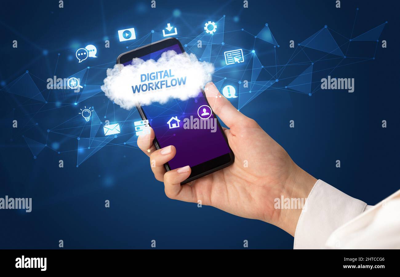 Hand using smartphone with cloud technology concept Stock Photo - Alamy
