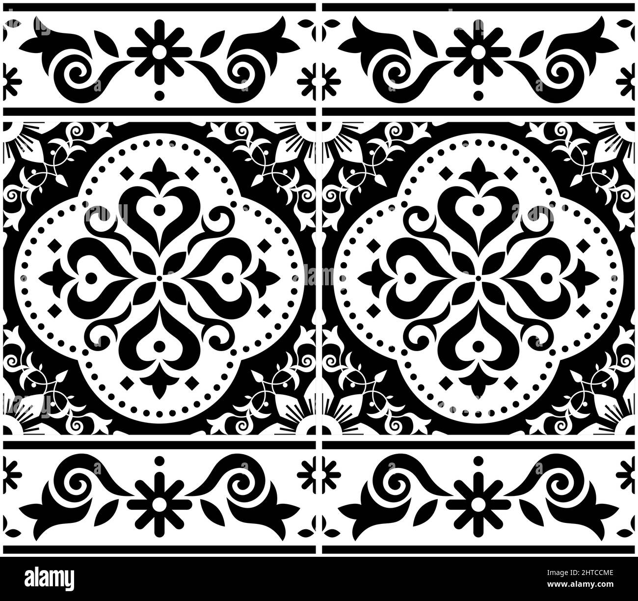 Lisbon, Portuguese style Azulejo tile seamless vector pattern with frame or border, decorative wallpaper or textile, black and white fabric print with Stock Vector