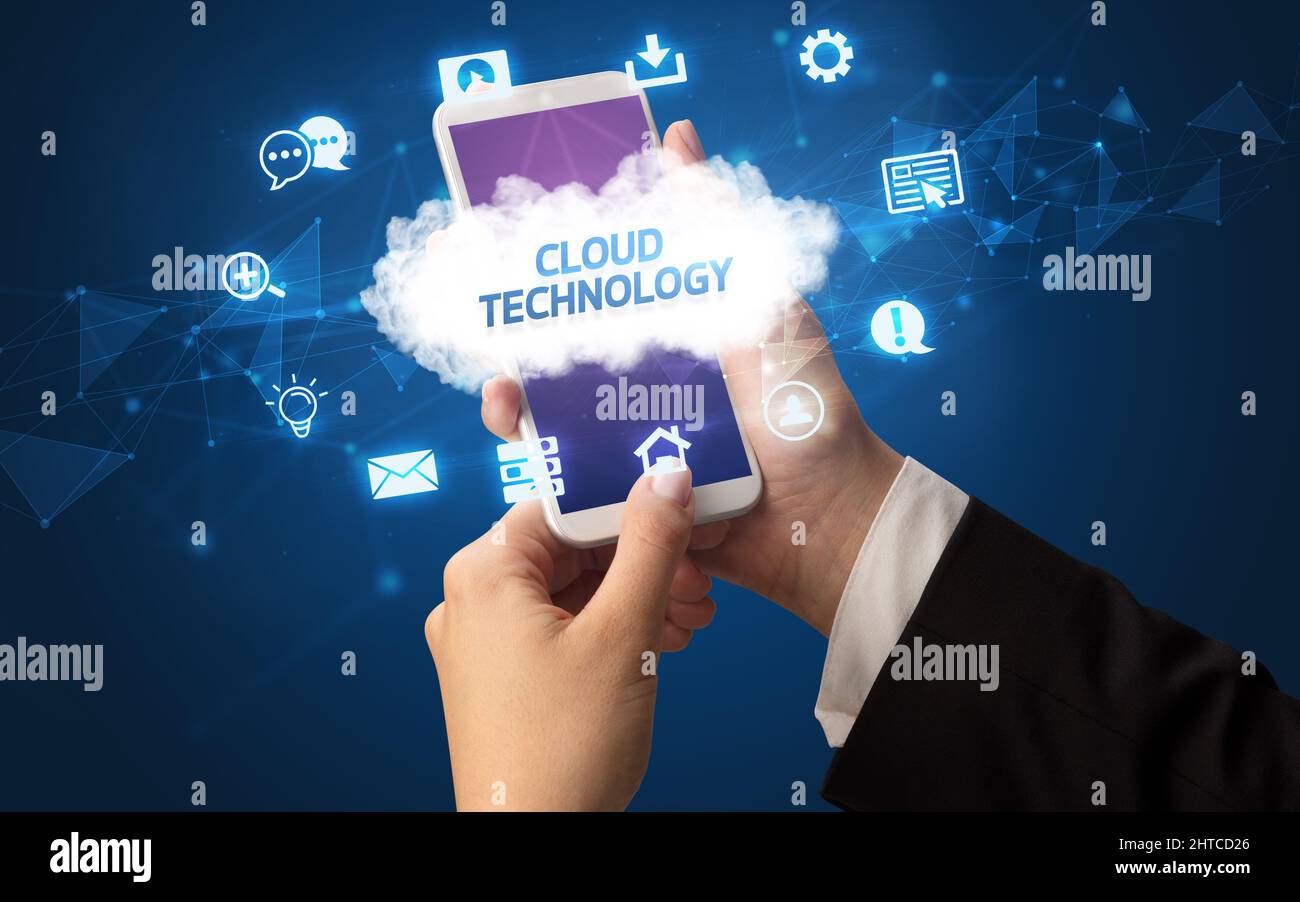 Hand using smartphone with cloud technology concept Stock Photo - Alamy