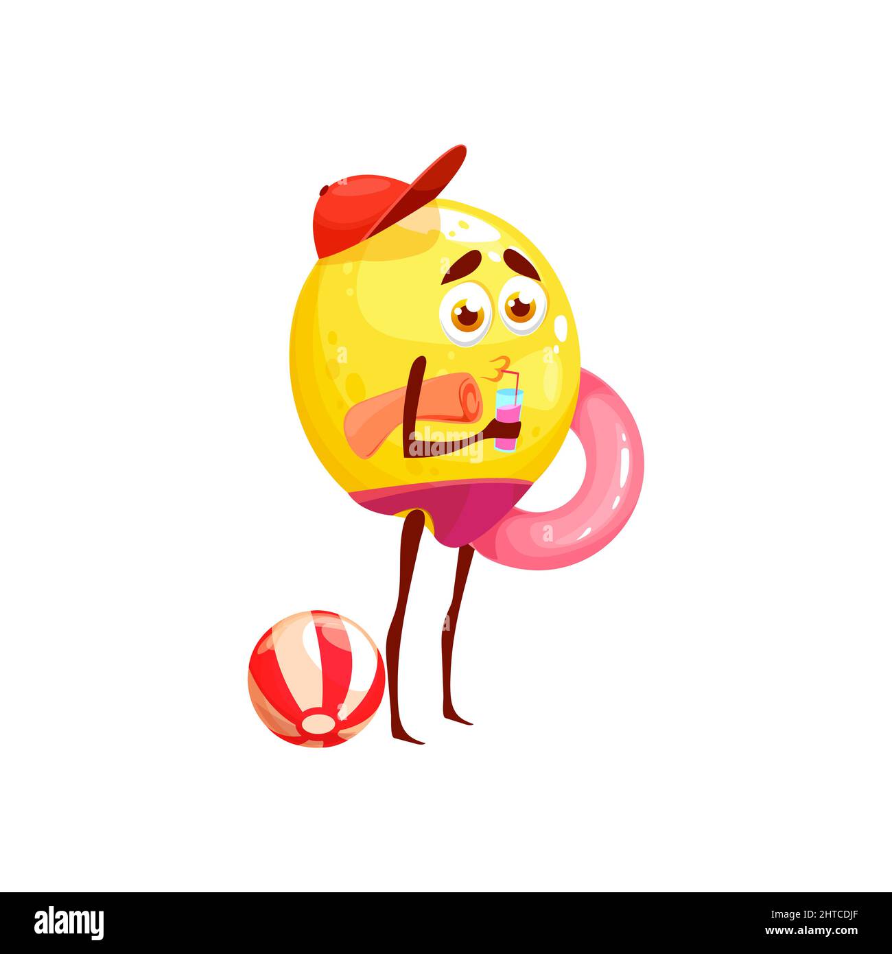 Yellow lemon cartoon character in cap with inflatable lifebuoy and ball, with cocktail and towel isolated funny fruit on vacation. Vector happy tropical exotic fruit on rest, healthy juicy vitamin Stock Vector