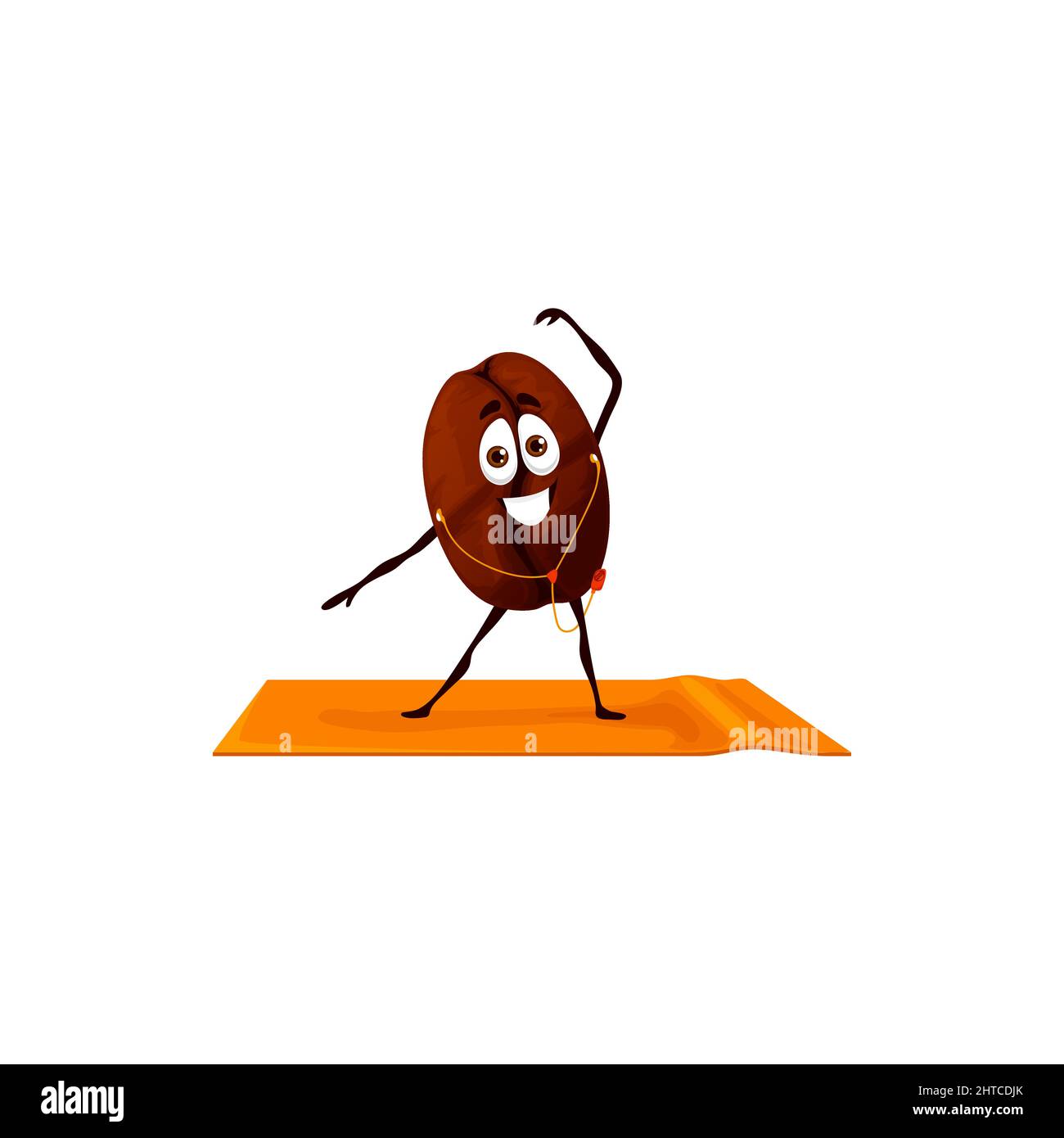 Cartoon happy coffee bean character on yoga fitness sport. Vector brown seed personage listen music on player with headphones stand on mat doing stretching sports exercises, Isolated single element Stock Vector