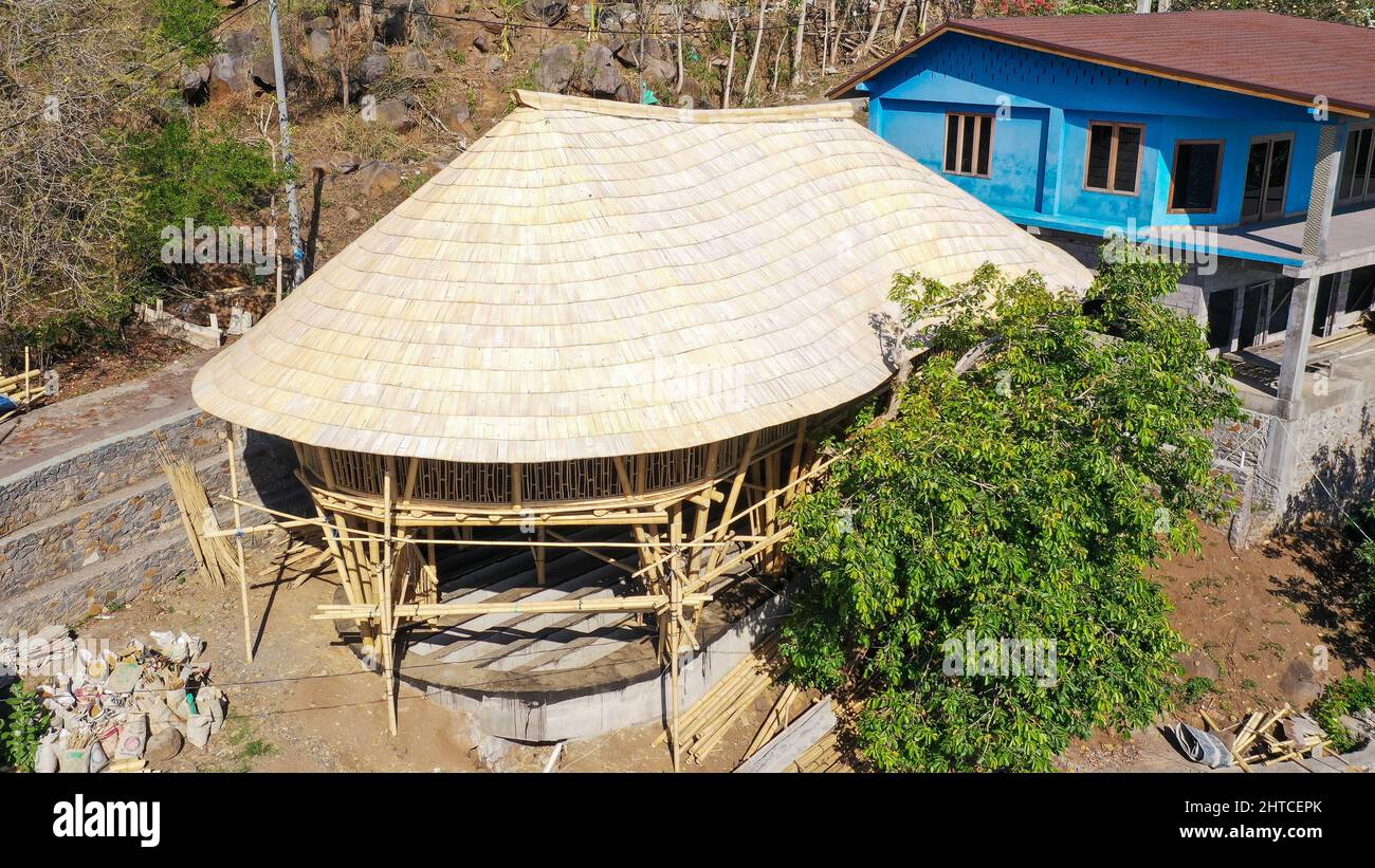 Aerial view of making of a roof with wooden sheating, rafters Stock ...