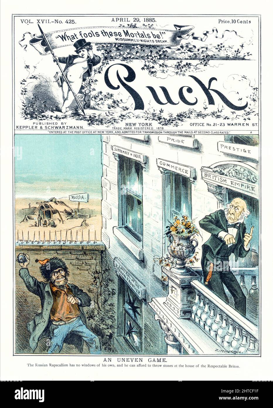 A late 19th century American Puck Magazine illustration showing William E. Gladstone standing on the balcony of a building where the windows are labelled 'Pride, Prestige, Supremacy in India, Commerce, British Empire and  Control of the Afgan Frontier' (which is above two broken windows). Below is a thug identified as a 'Russian Rapscallion' who is about to throw a rock at 'Gladstone' and the 'British Empire'. In the background is a wretched hovel labeled 'Russia'. Stock Photo