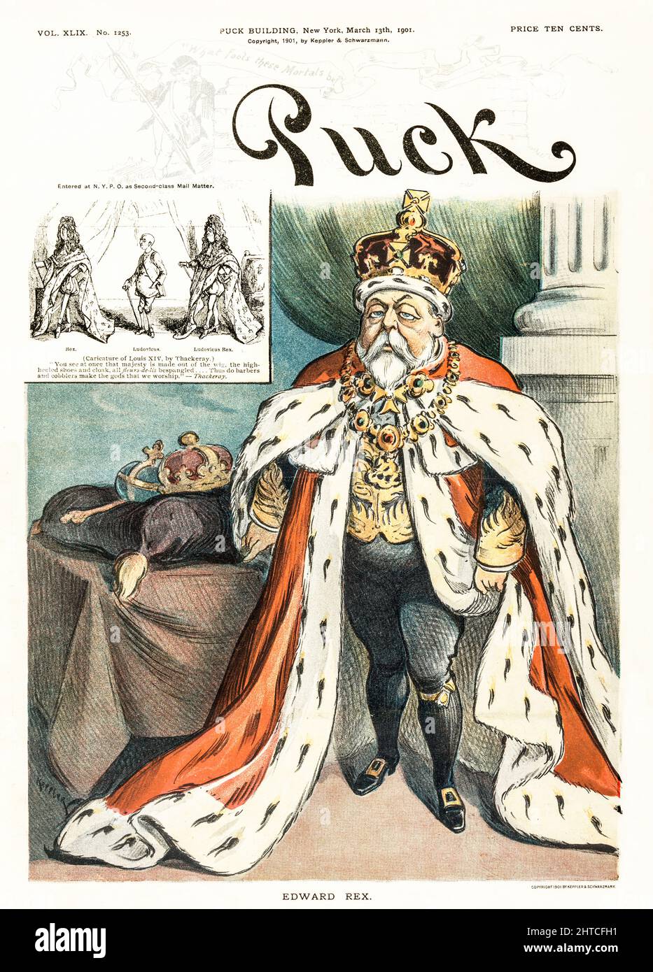An early 20th century American Puck Magazine illustration of Edward VII, King of Great Britain, shortly after taking the throne. An inset shows a caricature of Louis XIV, by with a quote by the British Author, William Makepeace Thackeray..'You see at once that majesty is made out of the wig, the high-heeled shoes and cloak, all fleurs-de-lis bespangled....Thus do barbers and cobblers make the gods that we worship.' Stock Photo