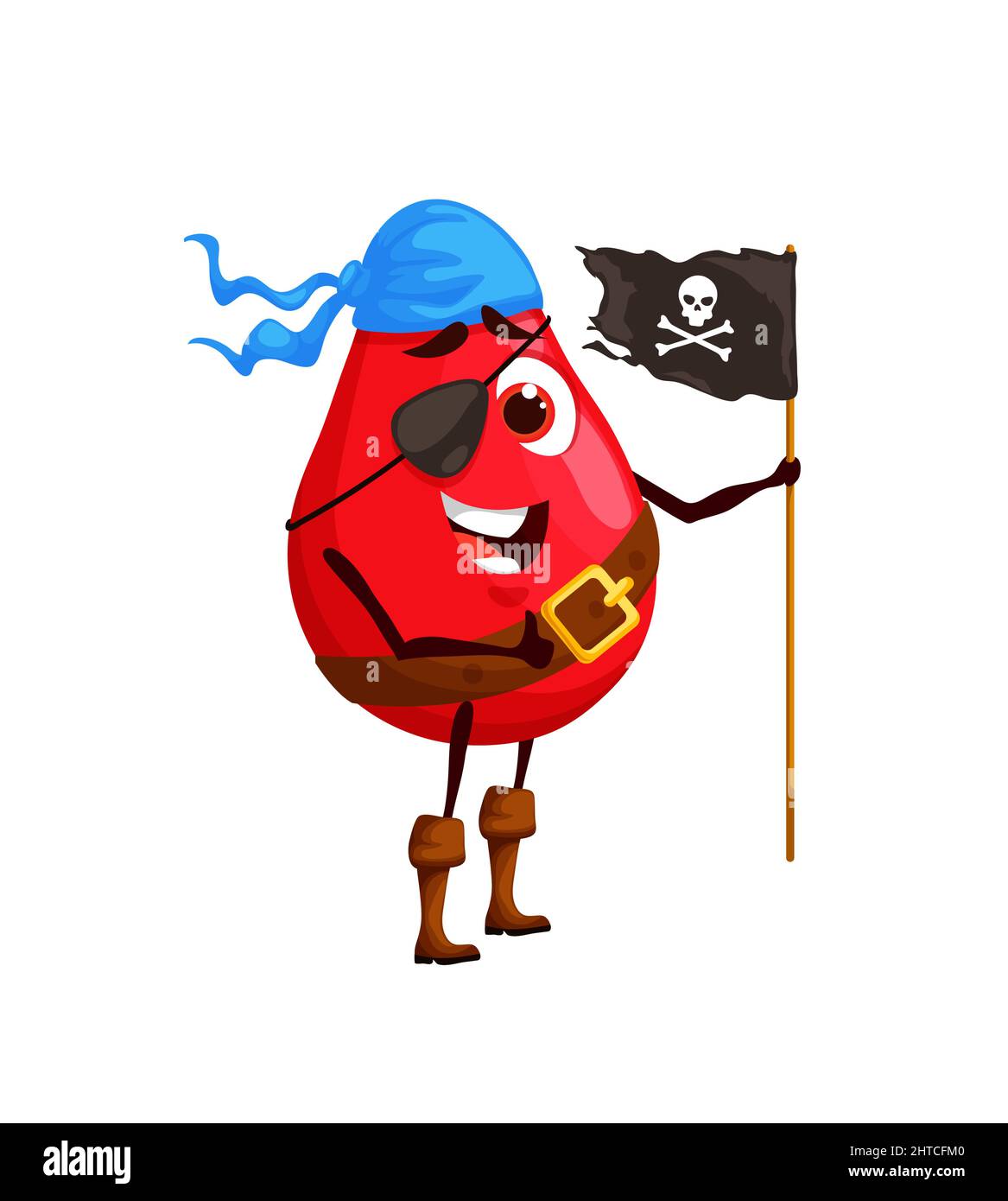Cartoon rosehip pirate personage. Vector berry sailor corsair character with happy smiling face. Picaroon wear bandana and eye patch holding jolly roger flag, isolated funny freebooter or buccaneer Stock Vector