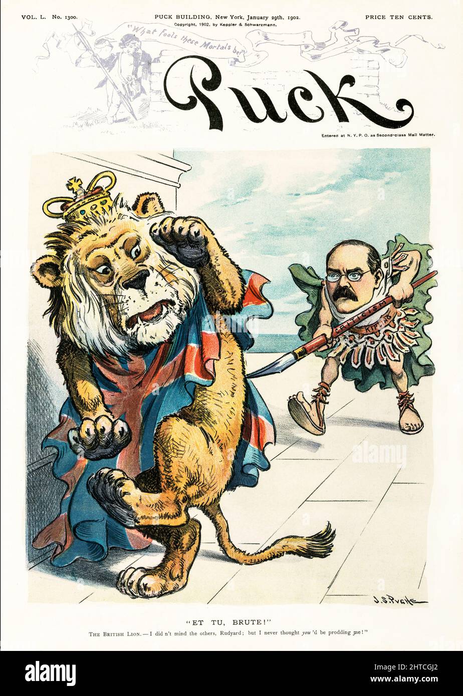 An early 20th century American Puck Magazine illustration of Rudyard Kipling holding a pen labelled 'Criticism' which he is using as a prod to get the British Lion moving in a particular direction. In a 1902 poem, The Rowers, Kipling attacked the Kaiser as a threat to Britain and called for an Anglo-French alliance to stop Germany. Stock Photo