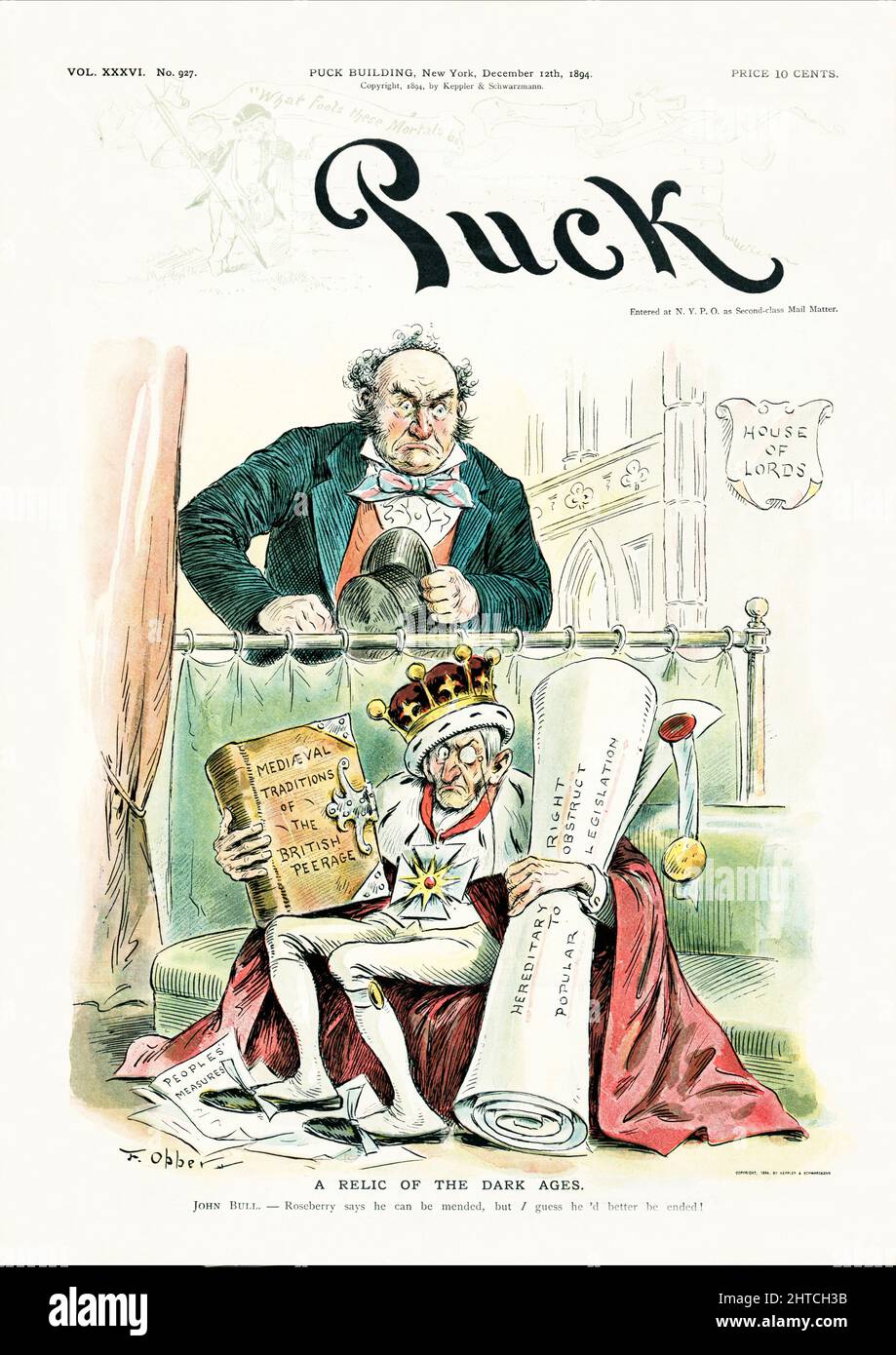 A late 19th century American Puck Magazine illustration of John Bull standing in the 'House of Lords', looking over a curtain at an old man wearing a crown and robe, clutching a large book labelled 'Mediæval Traditions of the British Peerage' and a large scroll of paper labelled 'Hereditary Right to Obstruct Popular Legislation'. At his feet are papers labelled 'Peoples' Measures' referring to the Local Government Act which gave women, irrespective of marital status, the right to vote and stand in local, but not national elections. Stock Photo