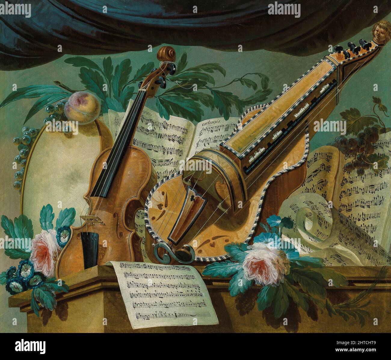 Allegory of music with a violin, a hurdy-gurdy, a framedrum, sheets of music, flowers and fruit on a stone plinth. Private Collection. Stock Photo
