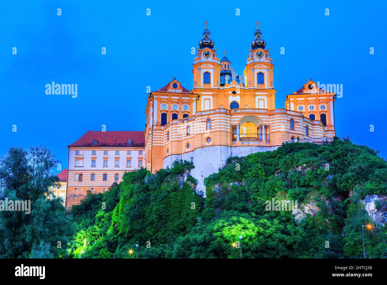 Melk, Austria. Benedictine abbey in Wachau valley at twilight. Stock Photo