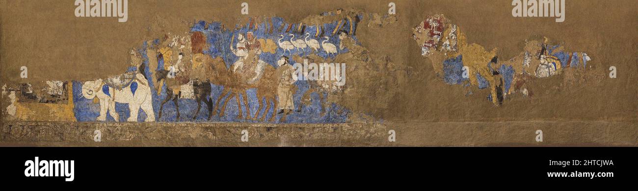 Afrasiab murals, South wall: Funeral procession led by King Varkhuman, Between 648 and 651. Found in the Collection of the Afrasiab Museum, Samarkand. Stock Photo