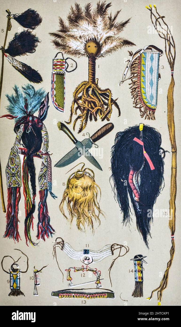 Objects of Interest and Curiosity: Scalps of Indians and White People. Ornaments made of Human Skin and Bones, &c. 1. Kiowa Medicine Rattle. 2. Sheath of Scalping Knife (Sioux). 3. Sheath of Scalping Knife (Cheyenne). 4. Scalping Knives. 5. Scalps of Two White Men, arranged on a Wand fob the Scalp Dance. 6. Scalp of a Sioux Indian. Elaborately ornamented with feathers and beads. 7. Scalp of a Sioux Indian, taken entire. 8. Scalp of a Little White Girl. This scalp was taken from the Comanches. The little girl was about nine years old. 9. Ute Match Safe, Beaded. 10. Ute Needle Case, Beaded. 11. Stock Photo