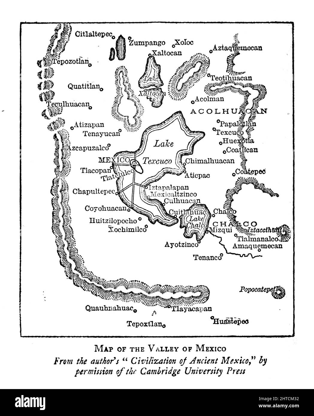 Map of the Valley of Mexico from the book ' Myths and Legends Mexico and Peru ' by Lewis Spence, Publisher Boston : David D. Nickerson 1913 Stock Photo