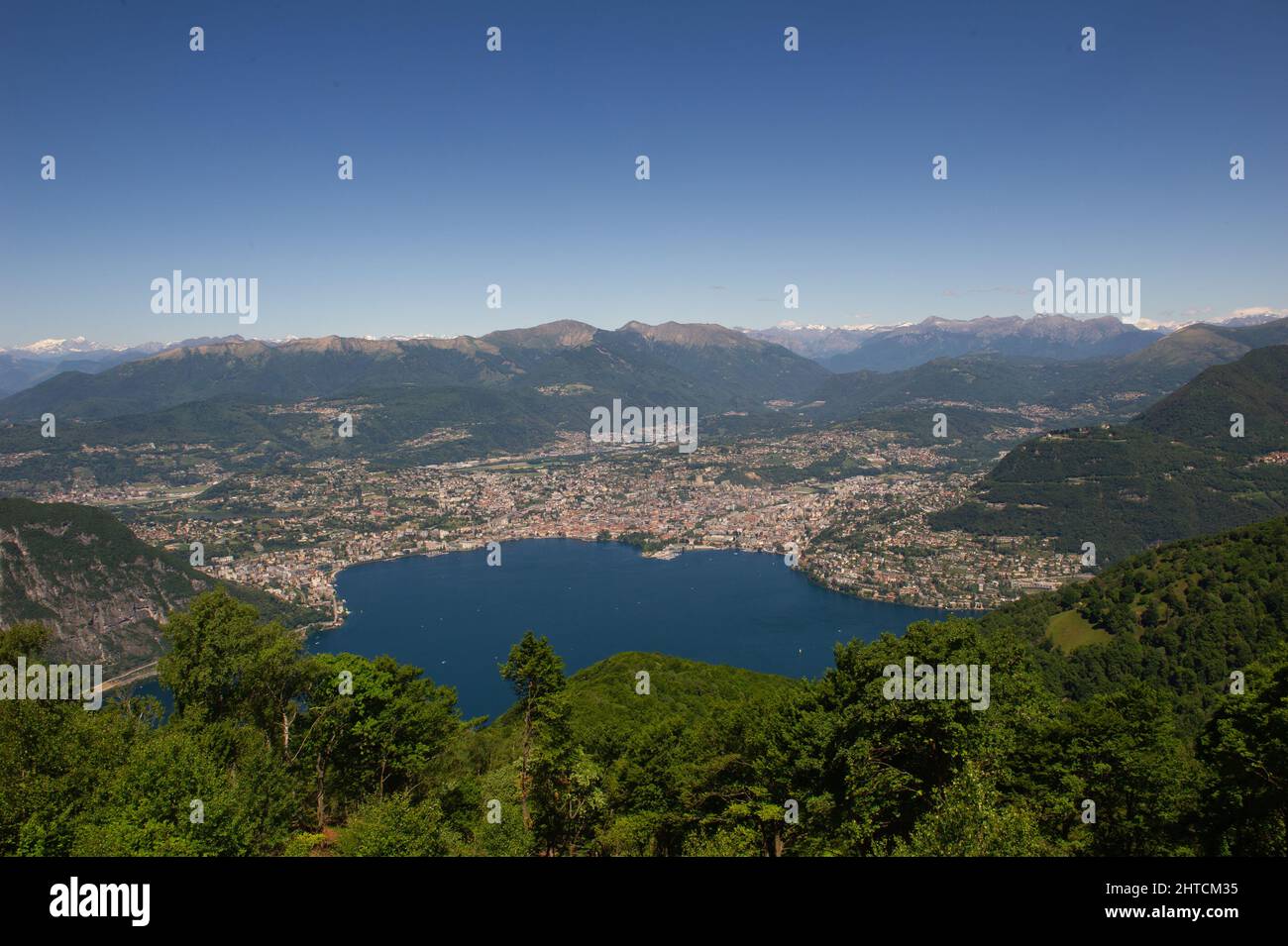 Europe, Italy, Como Lanzo d'Intelvi, Val d'Intelvi, View from Sighignola (Italy) on Lake Lugano (Switzerland). Lugano city. Stock Photo