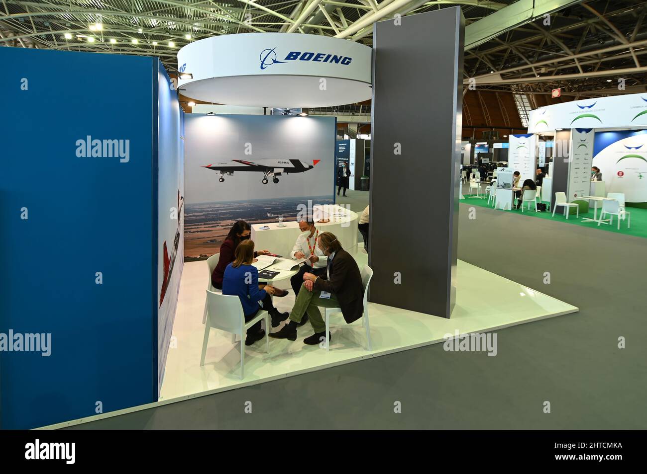 Boeing aviation and defense equipment company booth and logo at an aerospace fair Stock Photo