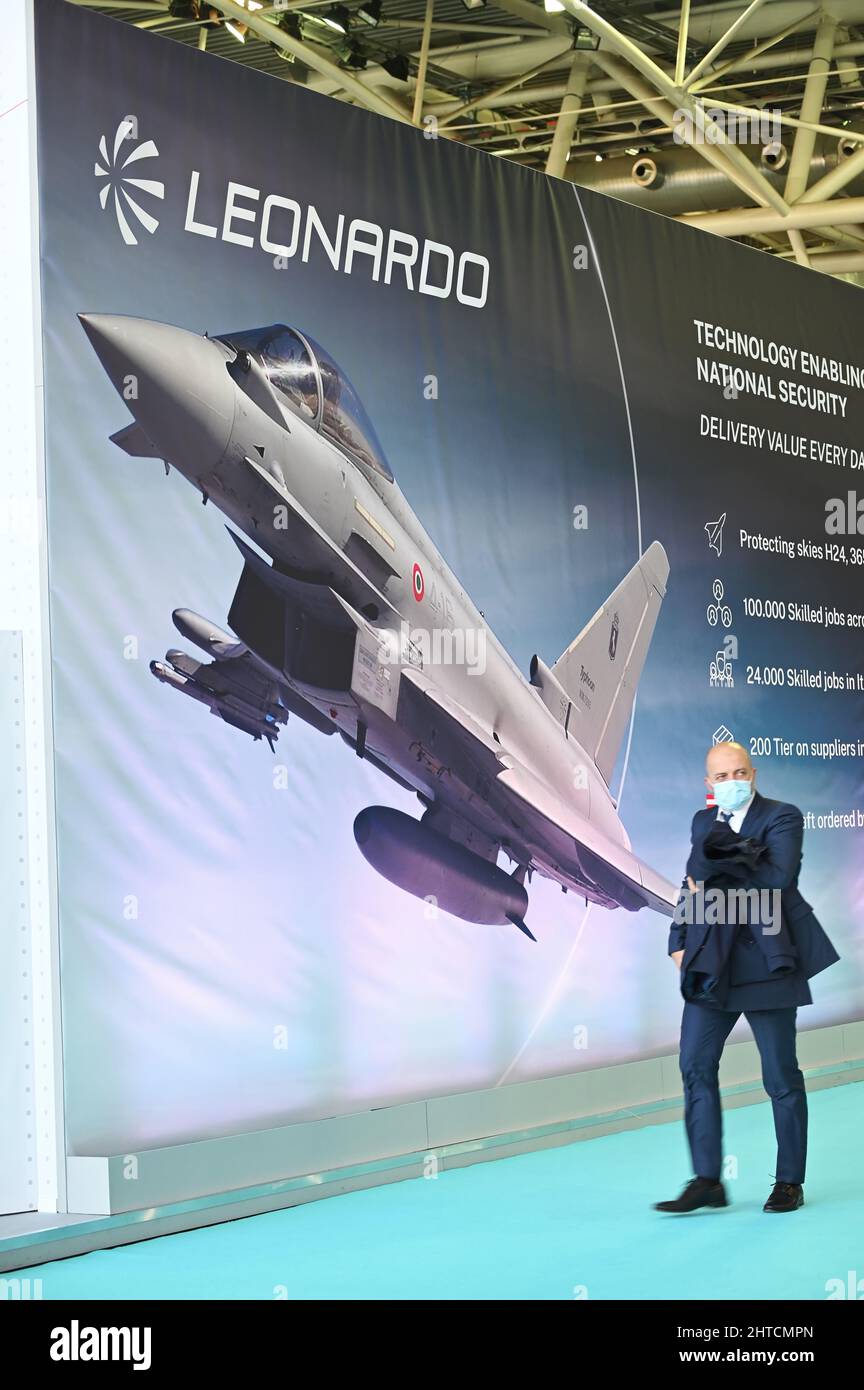 The Leonardo aviation and defense equipment company booth and logo at an aerospace fair Stock Photo