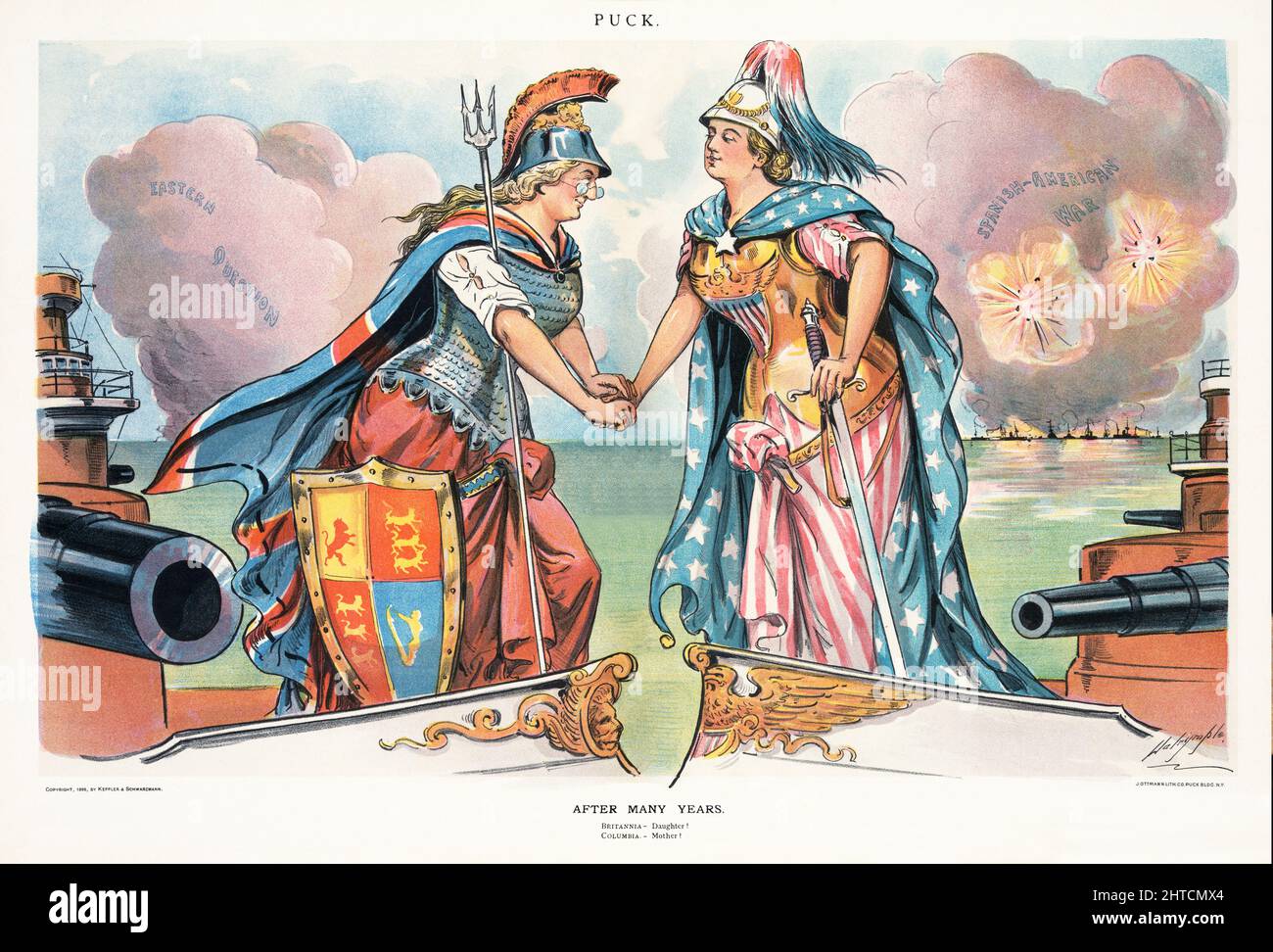 A late 19th century American Puck Magazine illustration of Britannia and Columbia shaking hands from the bows of British and American battleships; dark clouds behind Britannia are labelled 'Eastern Question' and behind Columbia are the dark clouds of war labeled 'Spanish-American War'. Another evocation of the Special Relationship between the USA and Great Britain. Stock Photo
