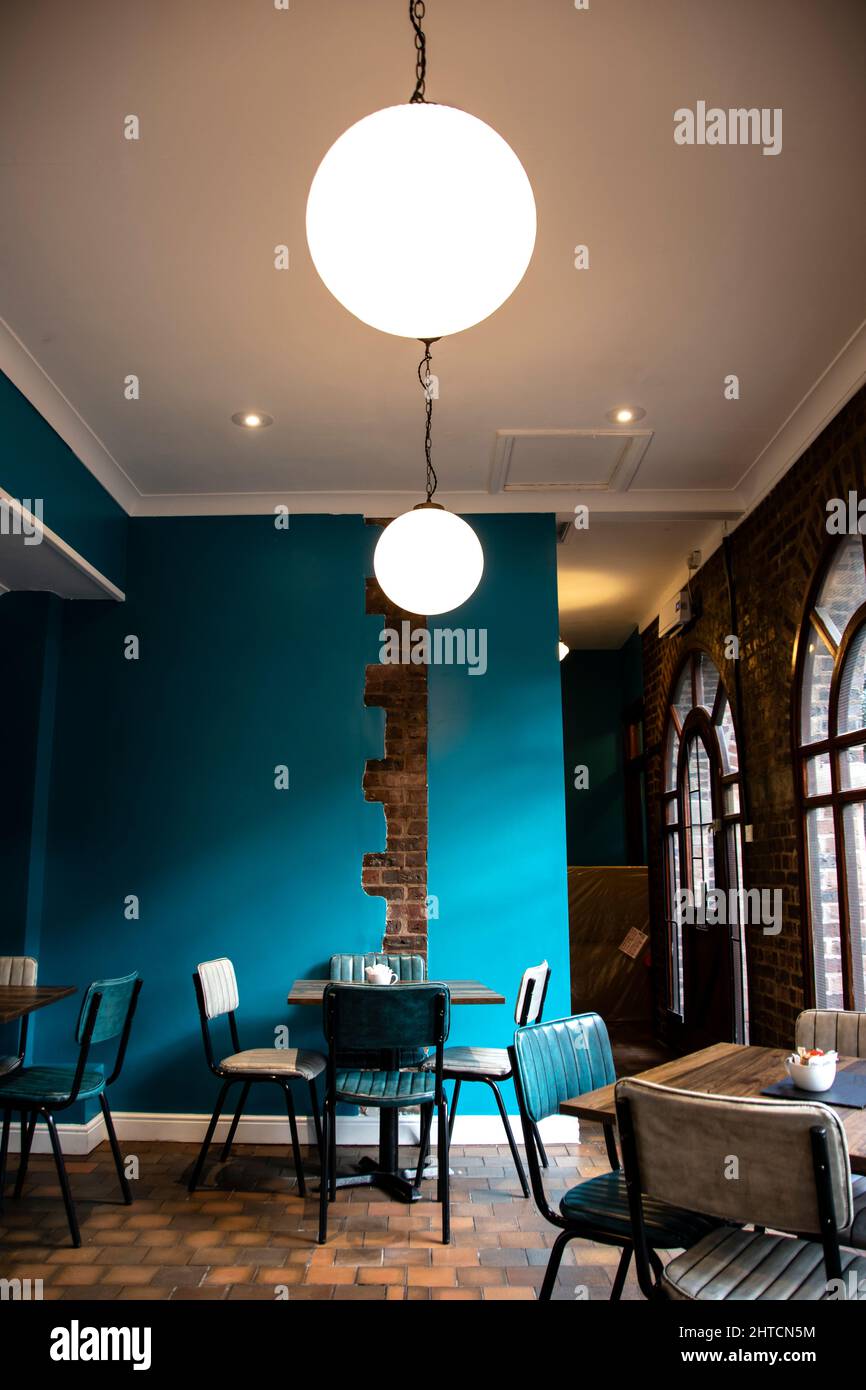 Chic café interior blue and white décor Stock Photo