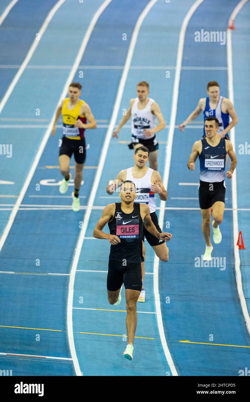 Sunday27 February 2022:  Elliot Giles  Winner -  1:47.99 - 2nd place - Guy Learmonth - 1:48.58 3rd place - Ben Greenwood - 1:49.13  in the 800 Meters race at the UK Athletics Indoor Championships and World Trials  Birmingham at the Utilita Arena Birmingham Day 2 Stock Photo